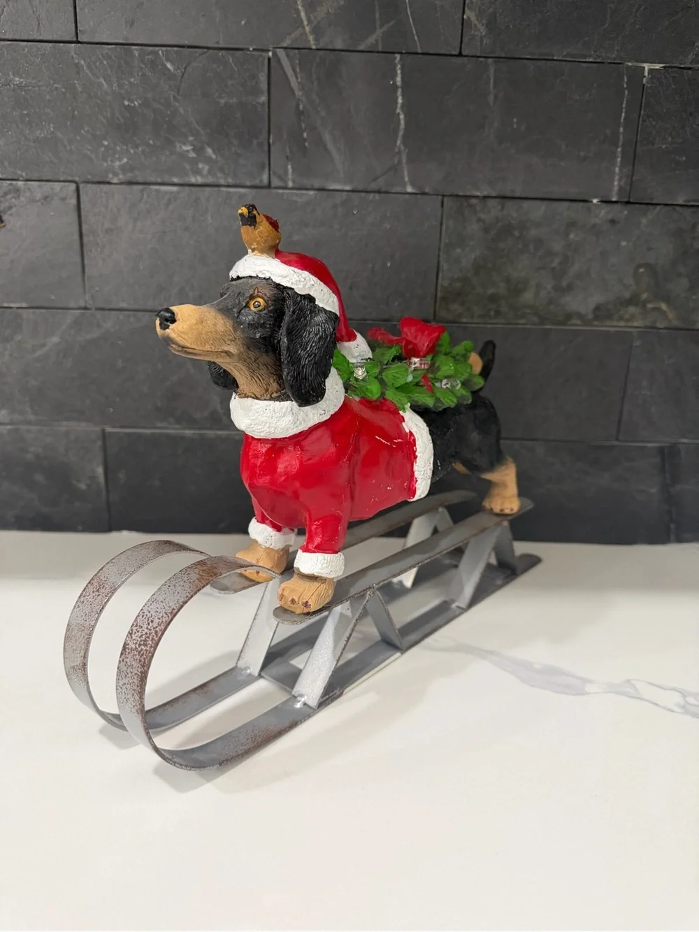 Festive Dachshund Santa Sleigh Figurine - Red